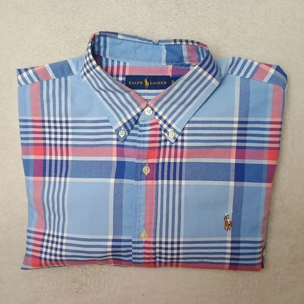 Ralph Lauren Shirt Mens XL Blue Plaid Oxford Button-Down OCBD Flesh Pony Cotton